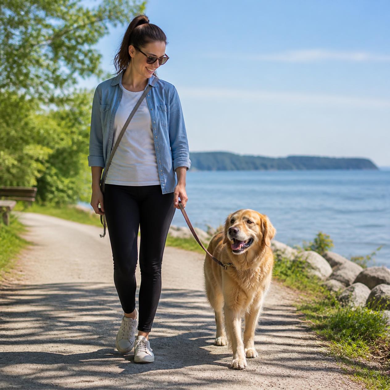 Frau geht mit ihrem Hund an lockerer Leine am Wasser spazieren