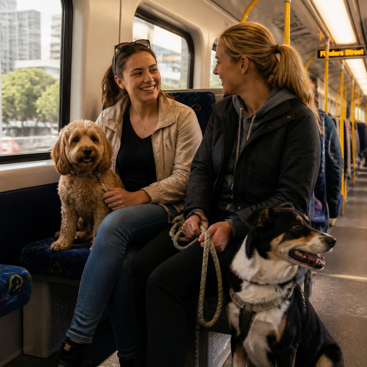 Zwei Frauen fahren entspannt mit ihren Hunden in der Bahn